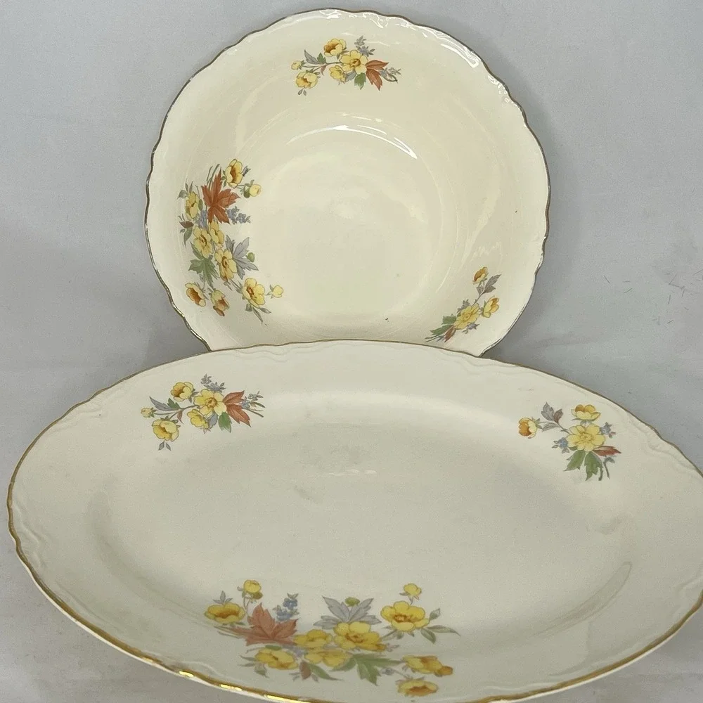Vintage Homer Laughlin Eggshell Floral Serving Bowl Platter Set Gold Trim USA